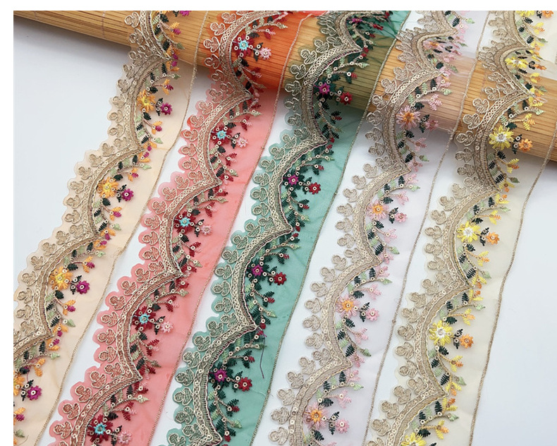 Width 7cm sequins corded tulle lace Ribbon Flowers embroidered colorful cuff lace trim for dress clothing decoration ZB064