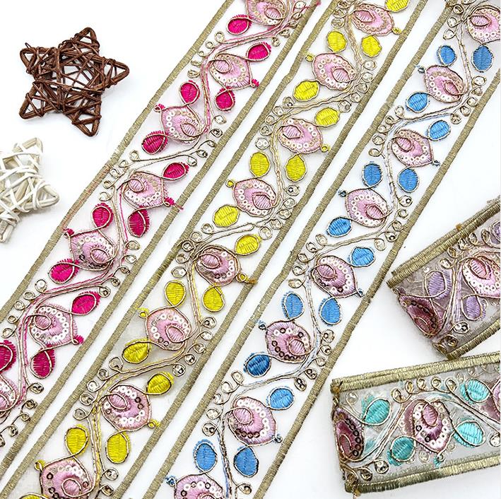 Multicolored lace sequin organza lace Luxury Border Lace Trimming Ethnic Organza Gold Cord Guipure Embroidery Lace Trim ZB068