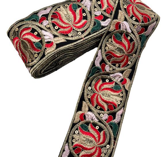 Width 7.7cm Ethnic Style lace ribbon Rhombus Sequins bar code Golden Corded embroidery lace trim for clothing shoes accessories ZB066