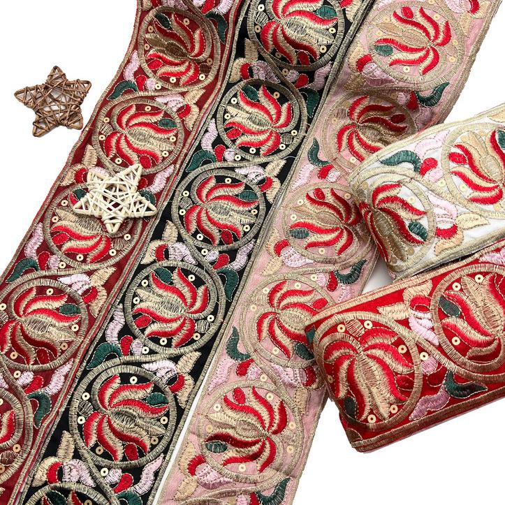 Width 7.7cm Ethnic Style lace ribbon Rhombus Sequins bar code Golden Corded embroidery lace trim for clothing shoes accessories ZB066