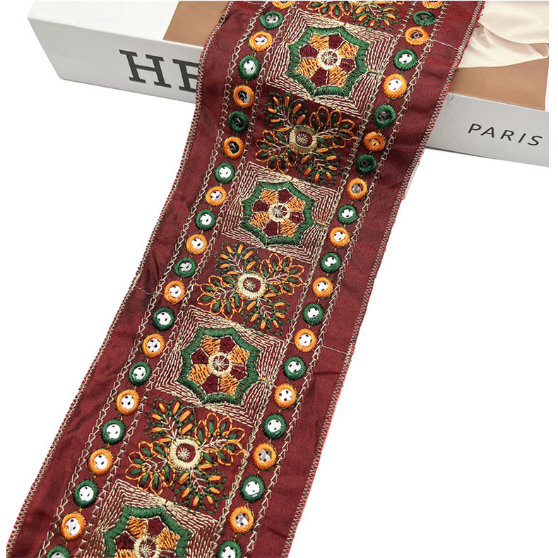 Polyester Eyelet Paillettes Sequin Floral Embroidered Vintage Ethnic Style Border Colorful Embroidery Lace Trim ZB065