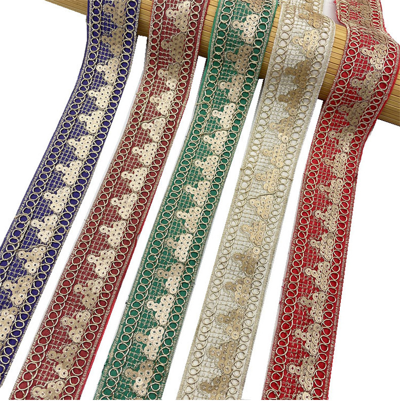 Bohemian gold lapel sequin embroidered ribbon Embroidered Curtain Lace Trim Bar Code For Clothing Decoration ZB070