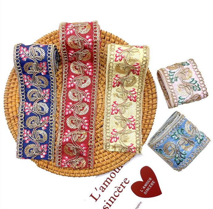 Width 5 cm Ethnic Style lace ribbon leaves Sequins bar code Golden Yarn Corded embroidery lace trim for clothing Cuff Collar ZB069