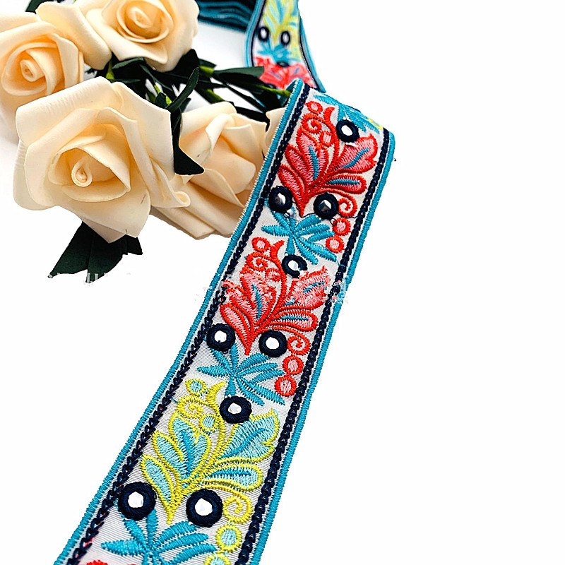 Embroidered lace with sequins Polyester Ethnic StyleDesigns Floral Embroidery Jacquard Vintage Border Lace Trim ZB078