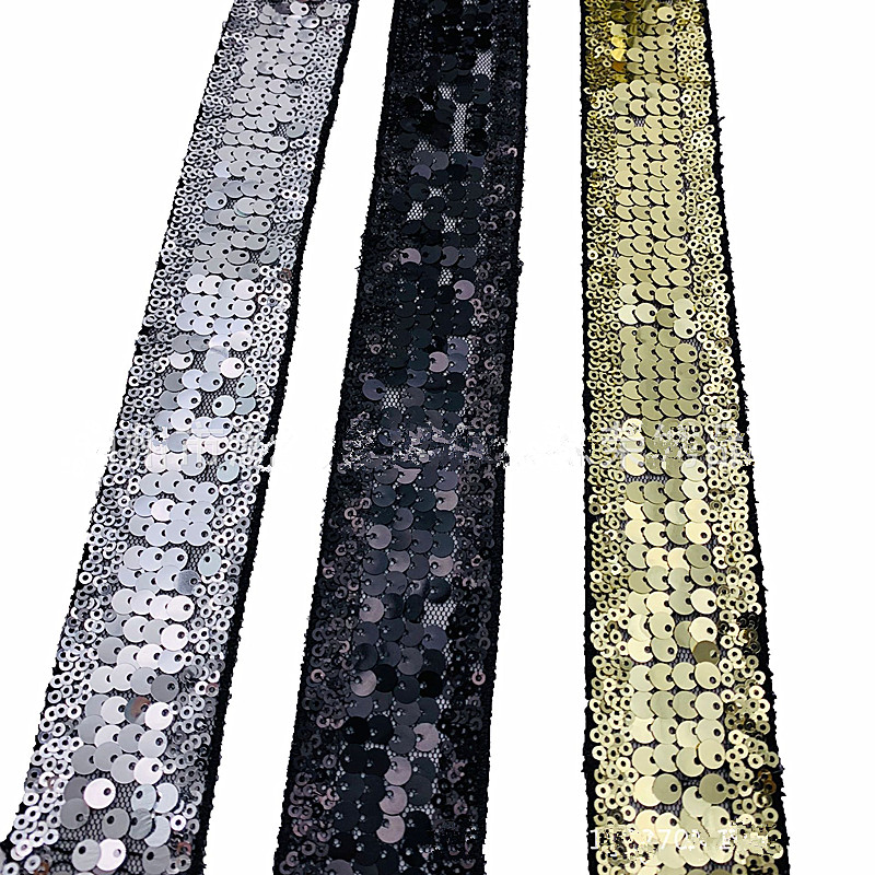 Flip Gold and black sequin lace  soft tully mesh fabric embroidery big small sequins embroidery sewing textile 4cm polyester decorative trimming lace ZB076