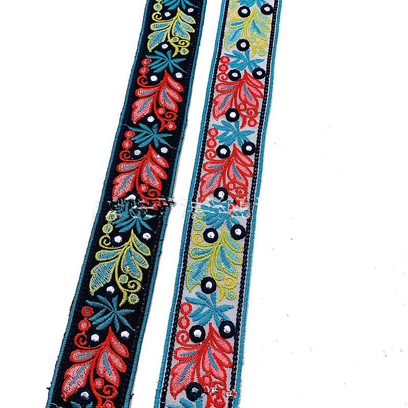 Embroidered lace with sequins Polyester Ethnic StyleDesigns Floral Embroidery Jacquard Vintage Border Lace Trim ZB078