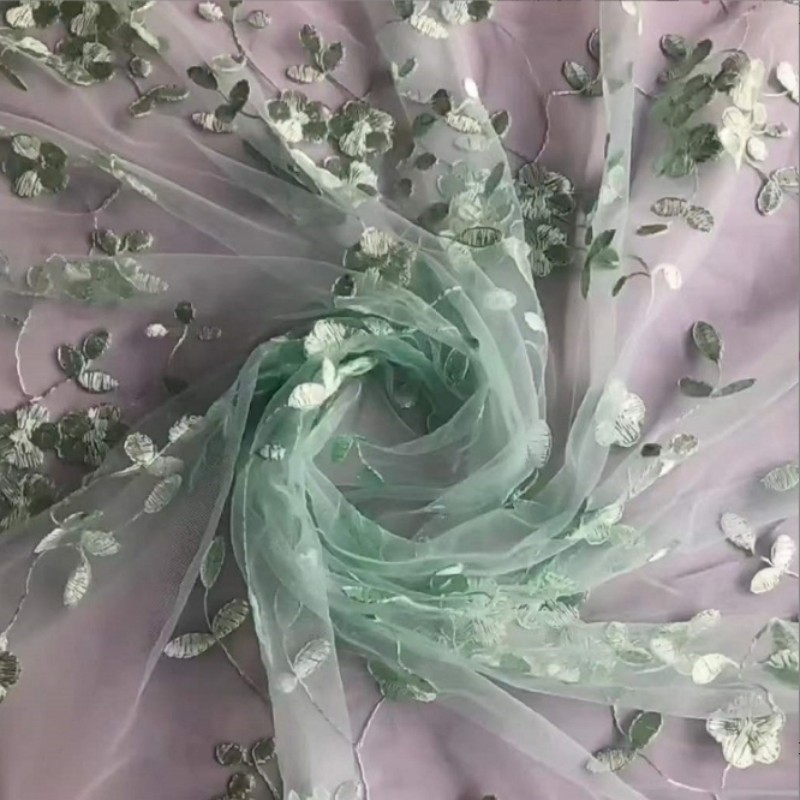 Eyelash lace wedding dress mesh lace lace fabric four leaf green grass embroidered fabric MF98