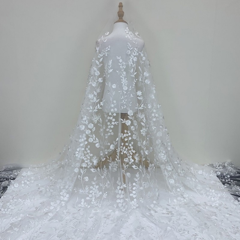 New White Mesh Lace Embroidered Fabric High Grade Wedding Evening Dress DIY Lace Fabric MF97