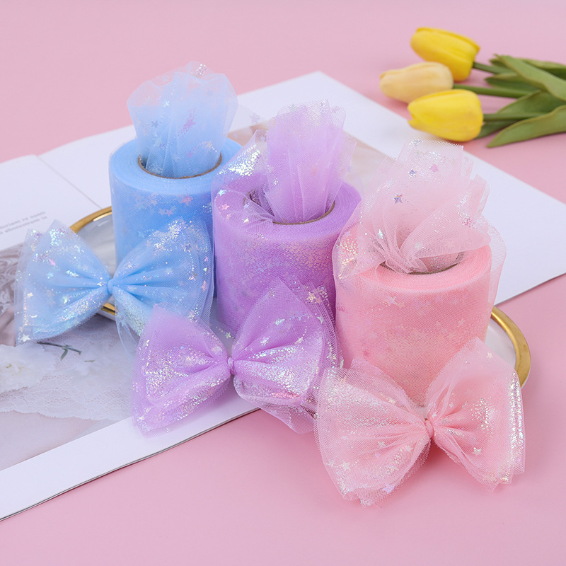 10/12cm*25yards Colorful shooting star love tulle ribbon , Handmade DIY Bow Decoration, Love five-pointed star colorful sequins DT004