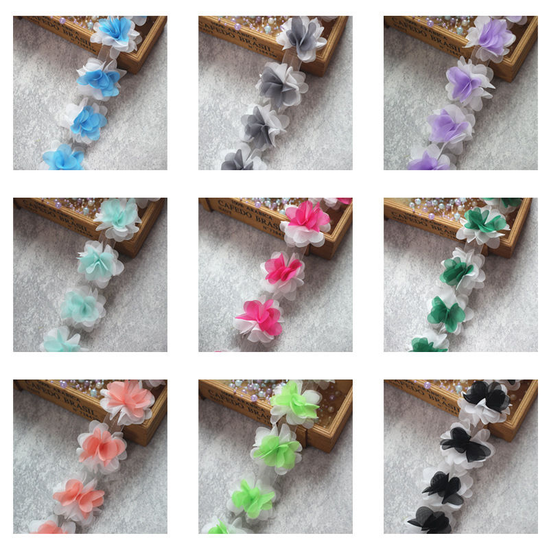 Multi Color Chiffon Flower Lace Ribbon 3D Flower Lace Trim Fabric for dancing dress clothing  XF12