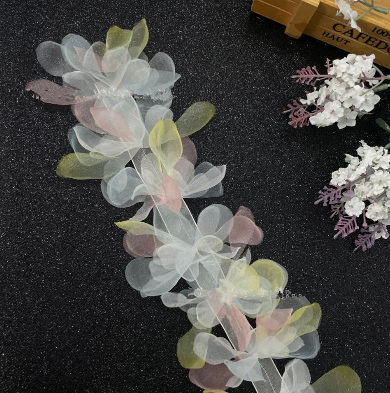 Gradient Color 3D Chiffon Cluster Flowers Wedding Cake Applique Trimming Decoration Lace TRIM For Clothing Accessories XF19