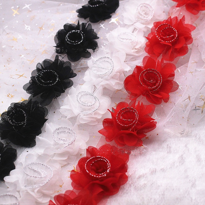 Hot Selling Product 6.5cm 3D Chiffon Flower Embroidery Lace fabric for Clothing dress Decorative Accessories XF21