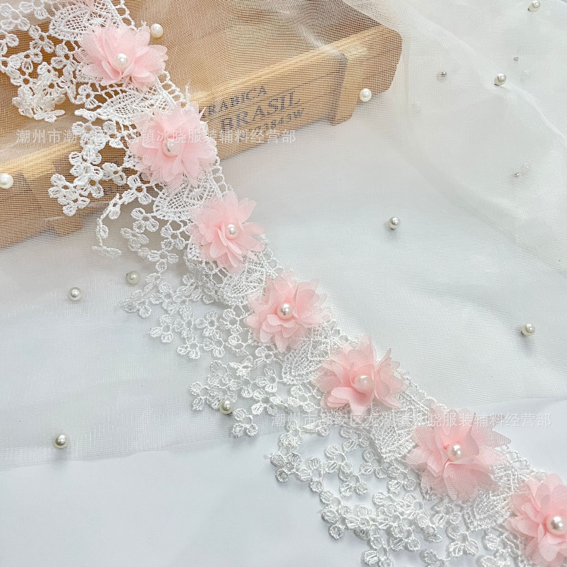 7.6CM 6 colors 3D Flower Pearl flowers Lace Trim water-soluble Ribbon for Wedding dress cloth XF30