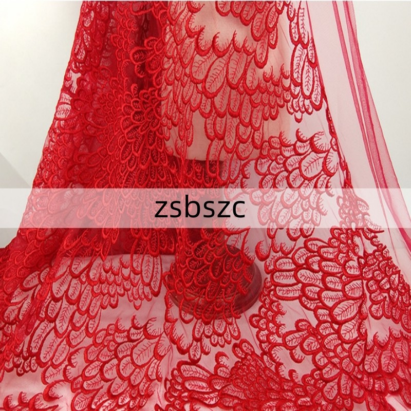 5 yards white red Peacock Feather Polyester Light Embroidered Mesh Embroidered Lace Fabric High end Wedding Dress Hanfu Embroidered Fabric MF35