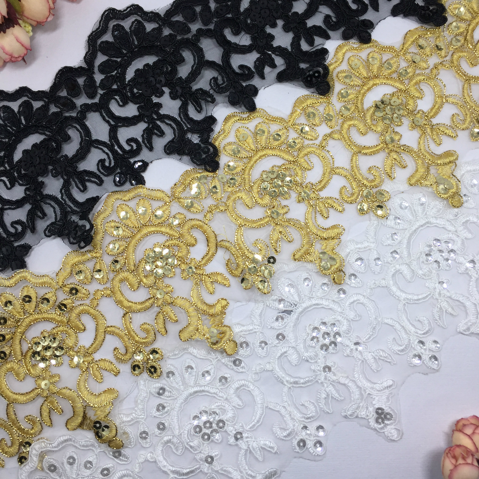 Fancy Design Embroidered Gold Lace Ribbon Trim sequin lace fabric border for Sewing wedding accessories Decoration ZD135