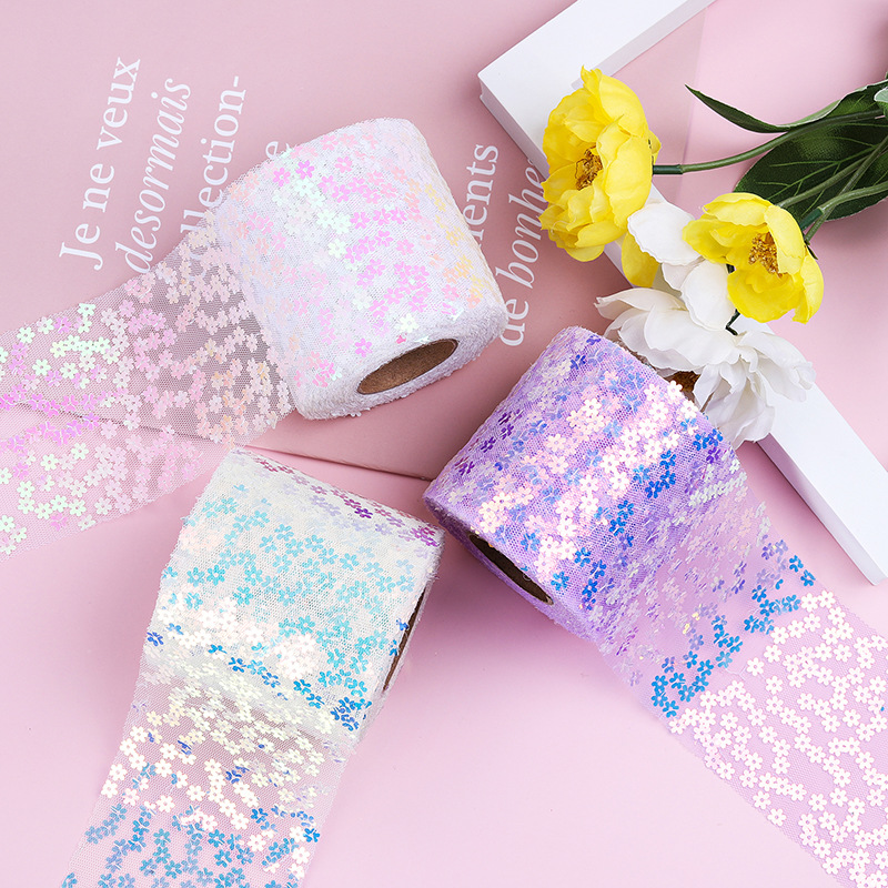 6/8/10/12cm*10yards Plum blossom embroidery mesh roll, Colorful gradient plum blossom sequins , DIY Handmade Headdress Material Ribbon HX336