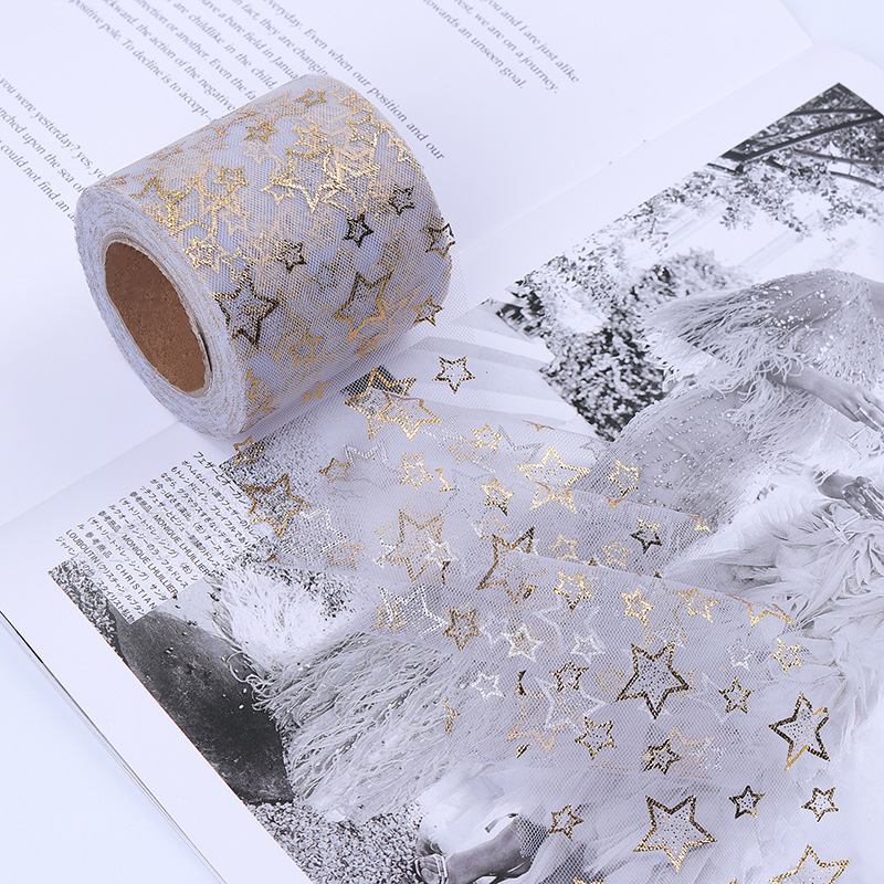 6/8/10/12cm*10yards High-density hollow gold-stamped five-pointed star mesh ,DIY Hair Accessories Material Bowknot Printing H802