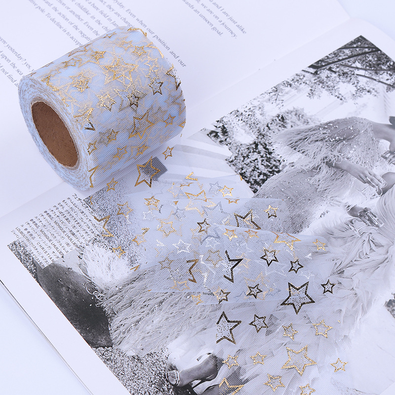 6/8/10/12cm*10yards High-density hollow gold-stamped five-pointed star mesh ,DIY Hair Accessories Material Bowknot Printing H802