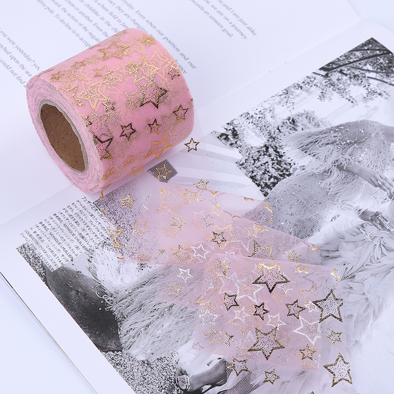 6/8/10/12cm*10yards High-density hollow gold-stamped five-pointed star mesh ,DIY Hair Accessories Material Bowknot Printing H802