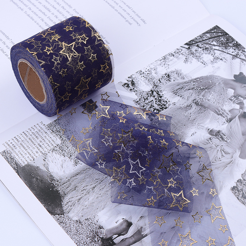 6/8/10/12cm*10yards High-density hollow gold-stamped five-pointed star mesh ,DIY Hair Accessories Material Bowknot Printing H802