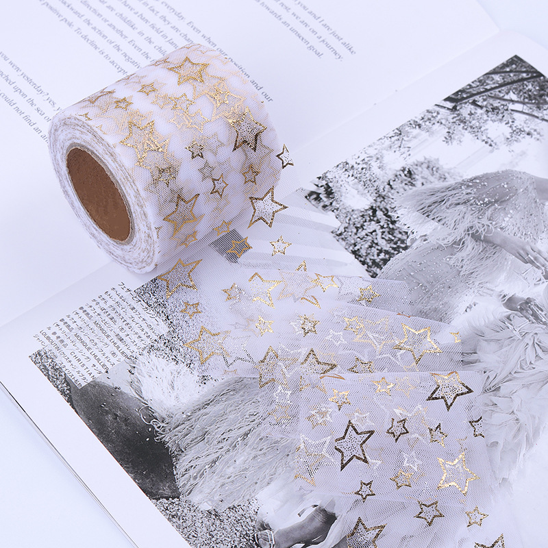 6/8/10/12cm*10yards High-density hollow gold-stamped five-pointed star mesh ,DIY Hair Accessories Material Bowknot Printing H802