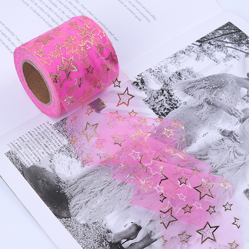 6/8/10/12cm*10yards High-density hollow gold-stamped five-pointed star mesh ,DIY Hair Accessories Material Bowknot Printing H802