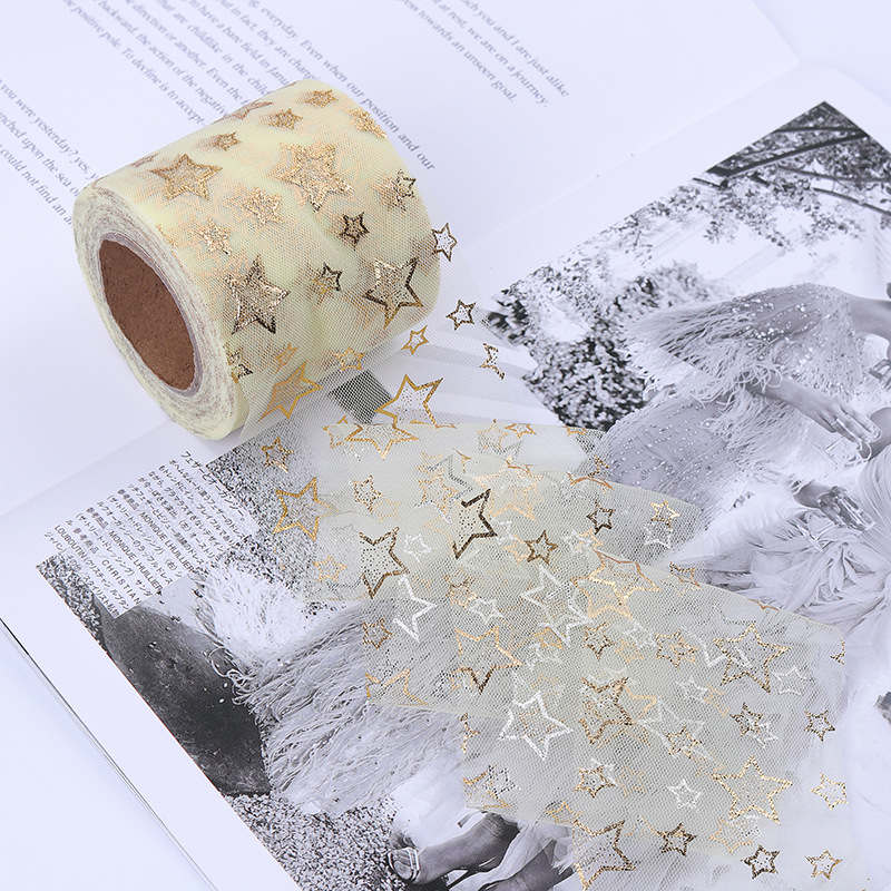 6/8/10/12cm*10yards High-density hollow gold-stamped five-pointed star mesh ,DIY Hair Accessories Material Bowknot Printing H802