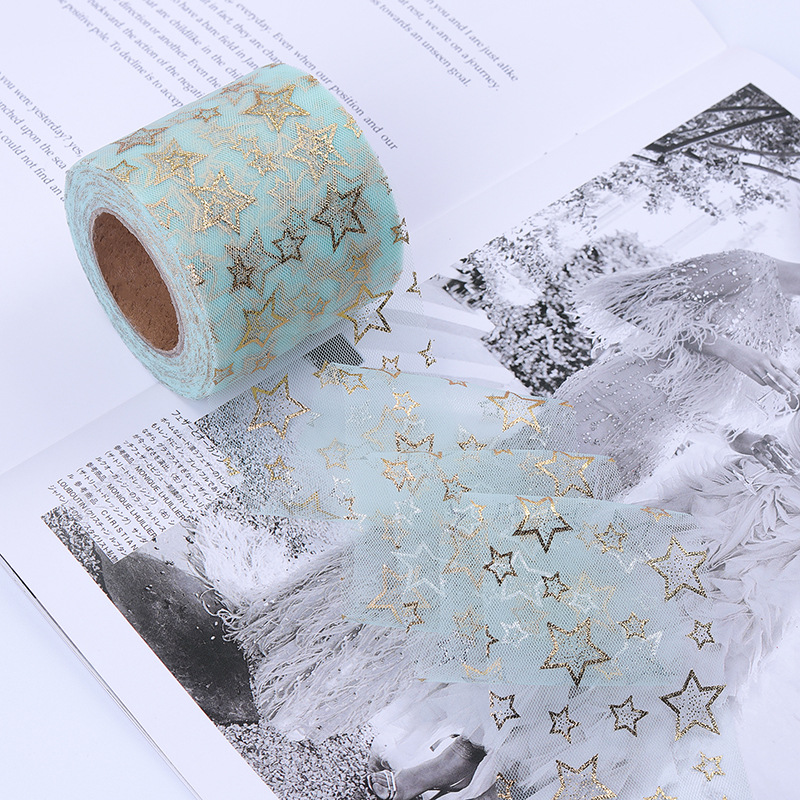 6/8/10/12cm*10yards High-density hollow gold-stamped five-pointed star mesh ,DIY Hair Accessories Material Bowknot Printing H802