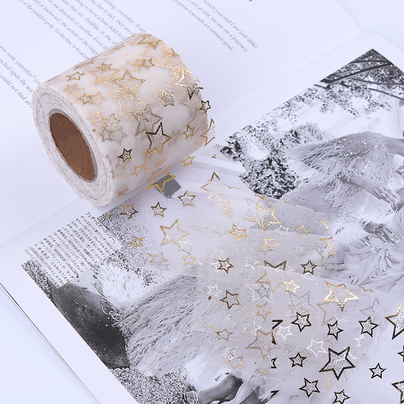 6/8/10/12cm*10yards High-density hollow gold-stamped five-pointed star mesh ,DIY Hair Accessories Material Bowknot Printing H802