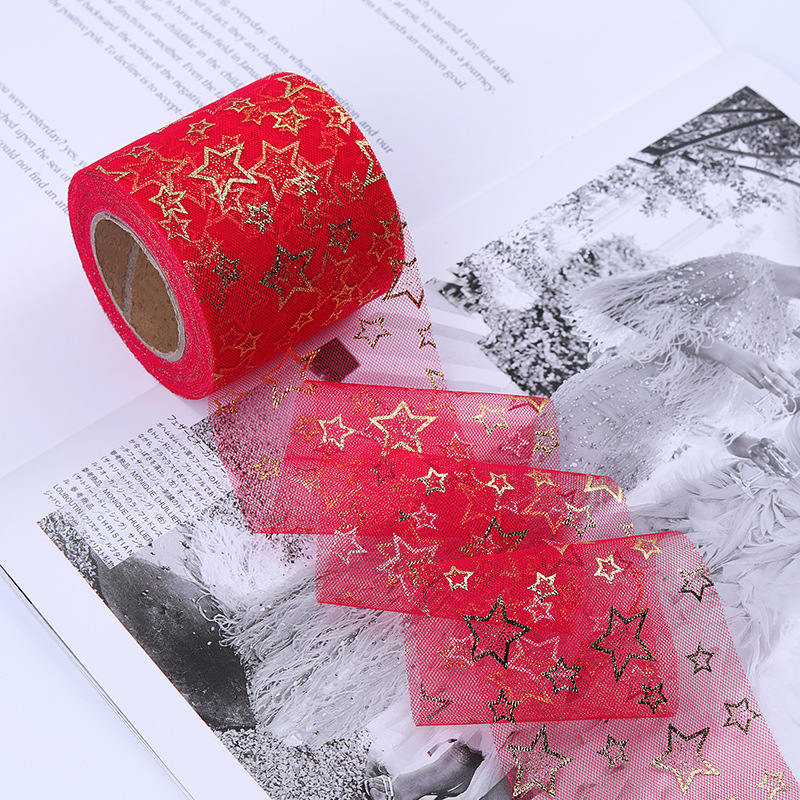 6/8/10/12cm*10yards High-density hollow gold-stamped five-pointed star mesh ,DIY Hair Accessories Material Bowknot Printing H802