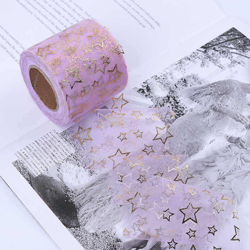 6/8/10/12cm*10yards High-density hollow gold-stamped five-pointed star mesh ,DIY Hair Accessories Material Bowknot Printing H802