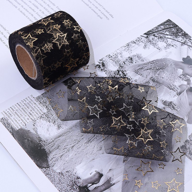 6/8/10/12cm*10yards High-density hollow gold-stamped five-pointed star mesh ,DIY Hair Accessories Material Bowknot Printing H802