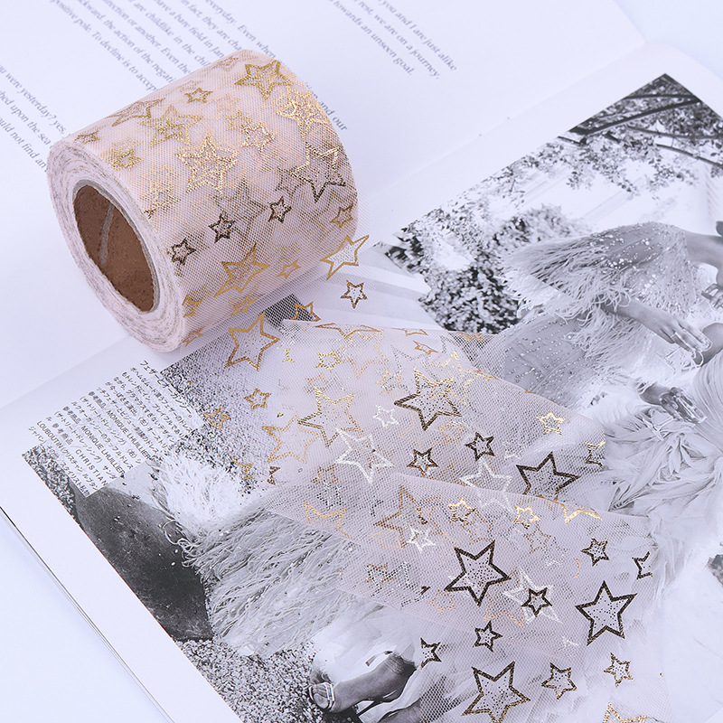 6/8/10/12cm*10yards High-density hollow gold-stamped five-pointed star mesh ,DIY Hair Accessories Material Bowknot Printing H802