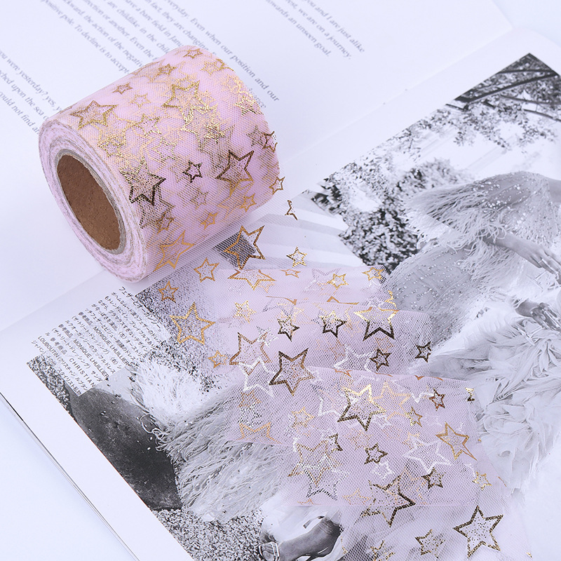 6/8/10/12cm*10yards High-density hollow gold-stamped five-pointed star mesh ,DIY Hair Accessories Material Bowknot Printing H802