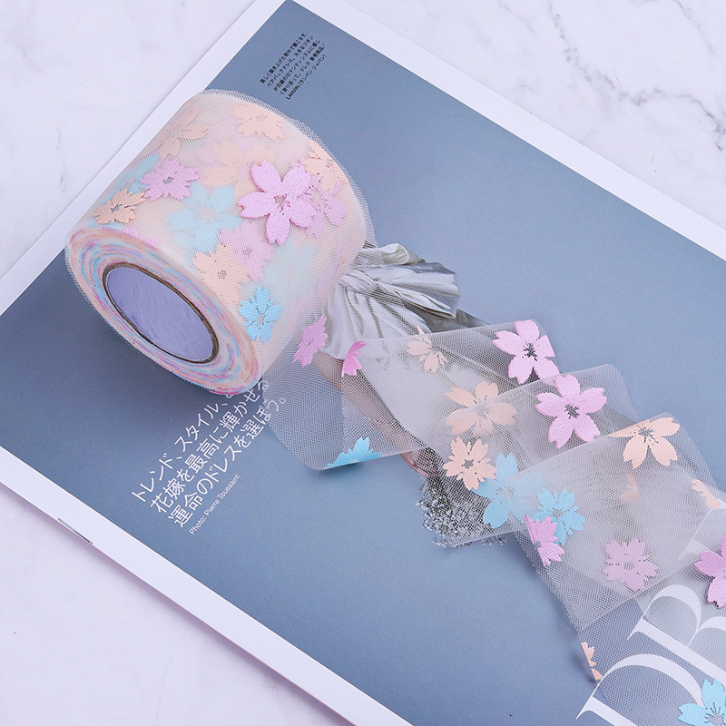 6CM*25YARDS Offset printing cherry blossom mesh roll,  High density polyester mesh cloth, DIY Hair Accessories, Shoes and Clothing Accessories D963-1