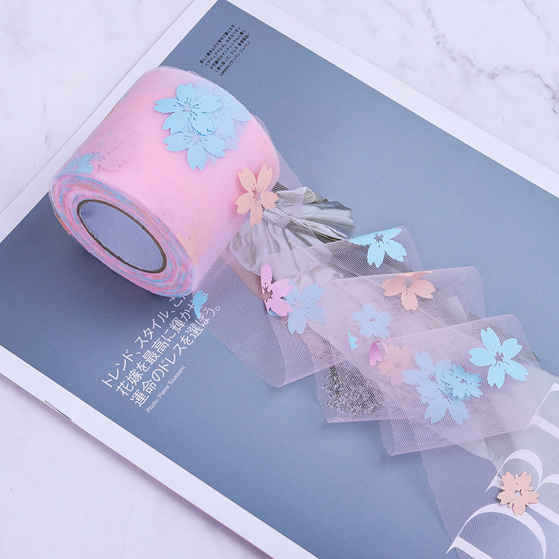 6CM*25YARDS Offset printing cherry blossom mesh roll,  High density polyester mesh cloth, DIY Hair Accessories, Shoes and Clothing Accessories D963-1