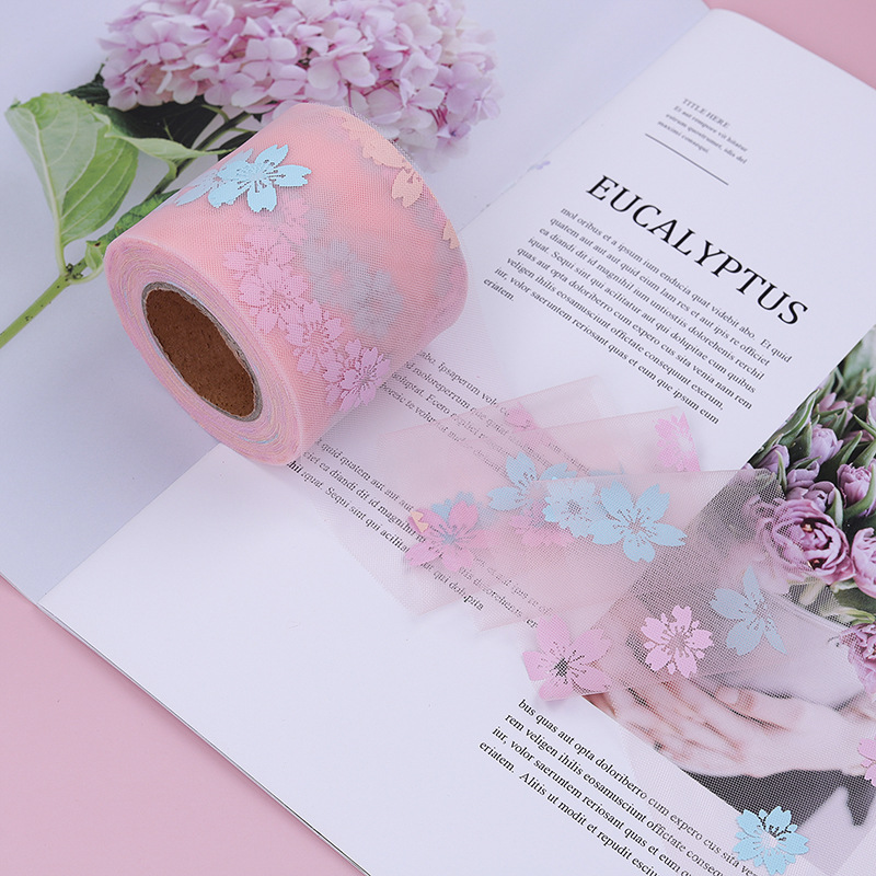 6CM*25YARDS Offset printing cherry blossom mesh roll,  High density polyester mesh cloth, DIY Hair Accessories, Shoes and Clothing Accessories D963-1