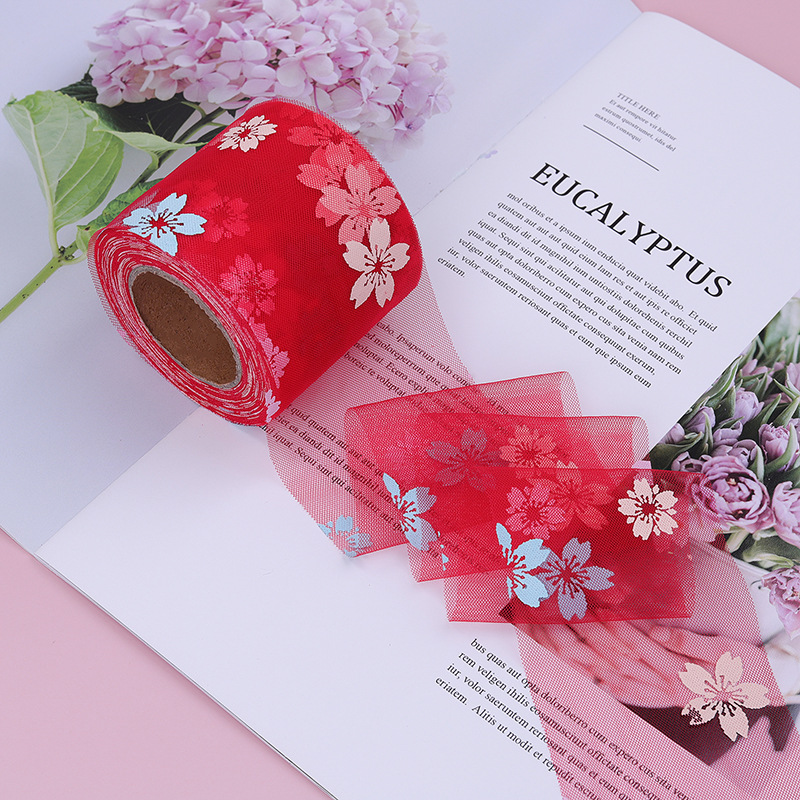 6CM*25YARDS Offset printing cherry blossom mesh roll,  High density polyester mesh cloth, DIY Hair Accessories, Shoes and Clothing Accessories D963-1