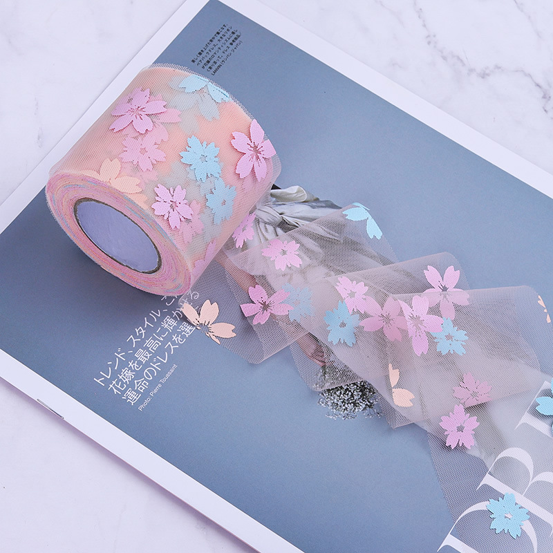 6CM*25YARDS Offset printing cherry blossom mesh roll,  High density polyester mesh cloth, DIY Hair Accessories, Shoes and Clothing Accessories D963-1