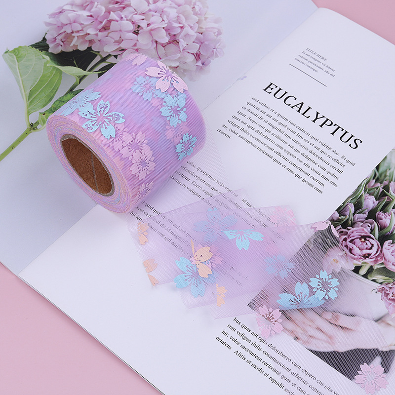 6CM*25YARDS Offset printing cherry blossom mesh roll,  High density polyester mesh cloth, DIY Hair Accessories, Shoes and Clothing Accessories D963-1