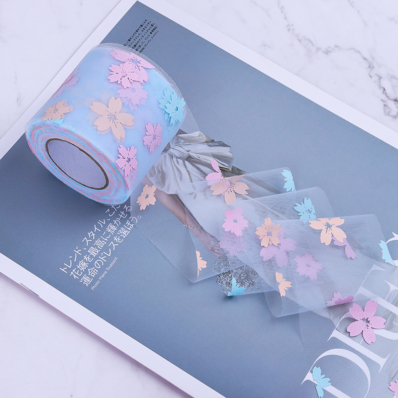 6CM*25YARDS Offset printing cherry blossom mesh roll,  High density polyester mesh cloth, DIY Hair Accessories, Shoes and Clothing Accessories D963-1