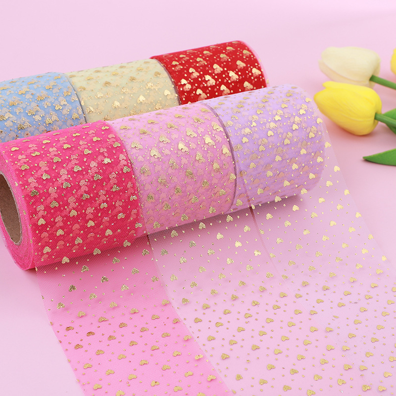 6/8/12cm*25yards Hot stamping gold small heart mesh roll , Tulle Ribbon Handmade Accessories Hair Accessories Net Gauze Roll ,DIY Shoe flower decoration  D094