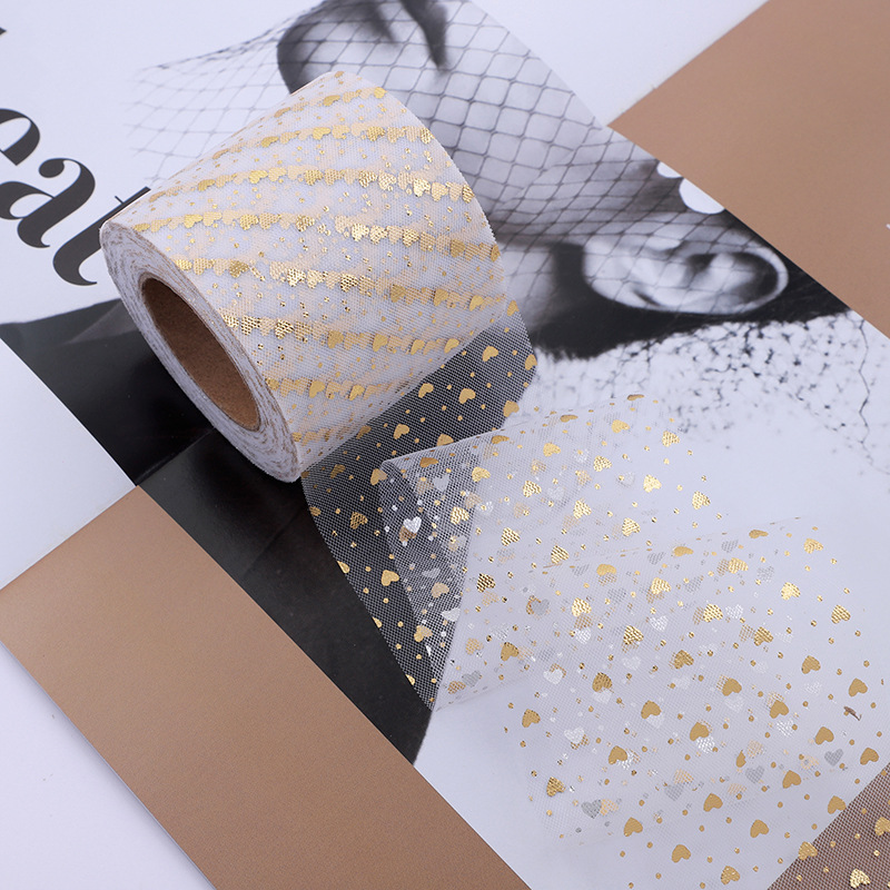 6/8/12cm*25yards Hot stamping gold small heart mesh roll , Tulle Ribbon Handmade Accessories Hair Accessories Net Gauze Roll ,DIY Shoe flower decoration  D094
