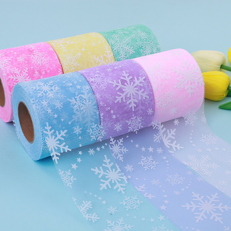 6/8/10/12CM*25YARDS High quality offset printing large snowflake hexagonal base fabric tulle roll, DIY handmade bow headdress material ribbon HX318