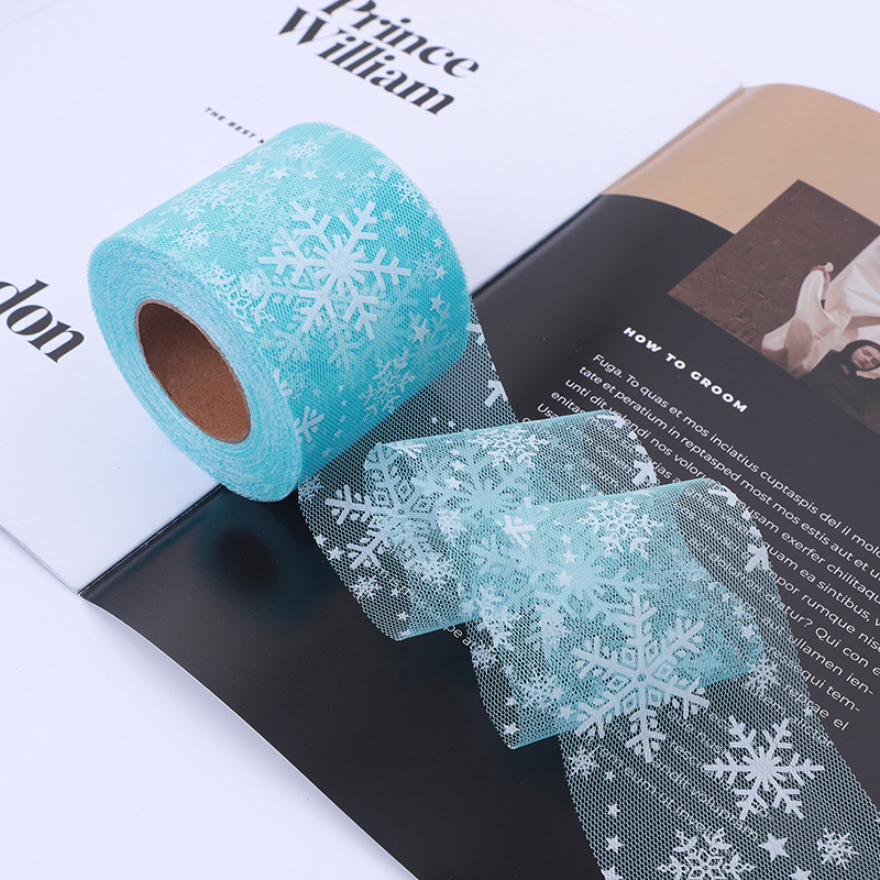 6/8/10/12CM*25YARDS High quality offset printing large snowflake hexagonal base fabric tulle roll, DIY handmade bow headdress material ribbon HX318