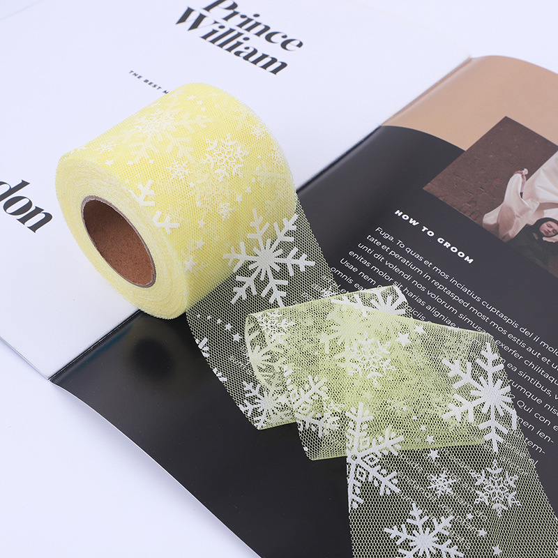 6/8/10/12CM*25YARDS High quality offset printing large snowflake hexagonal base fabric tulle roll, DIY handmade bow headdress material ribbon HX318