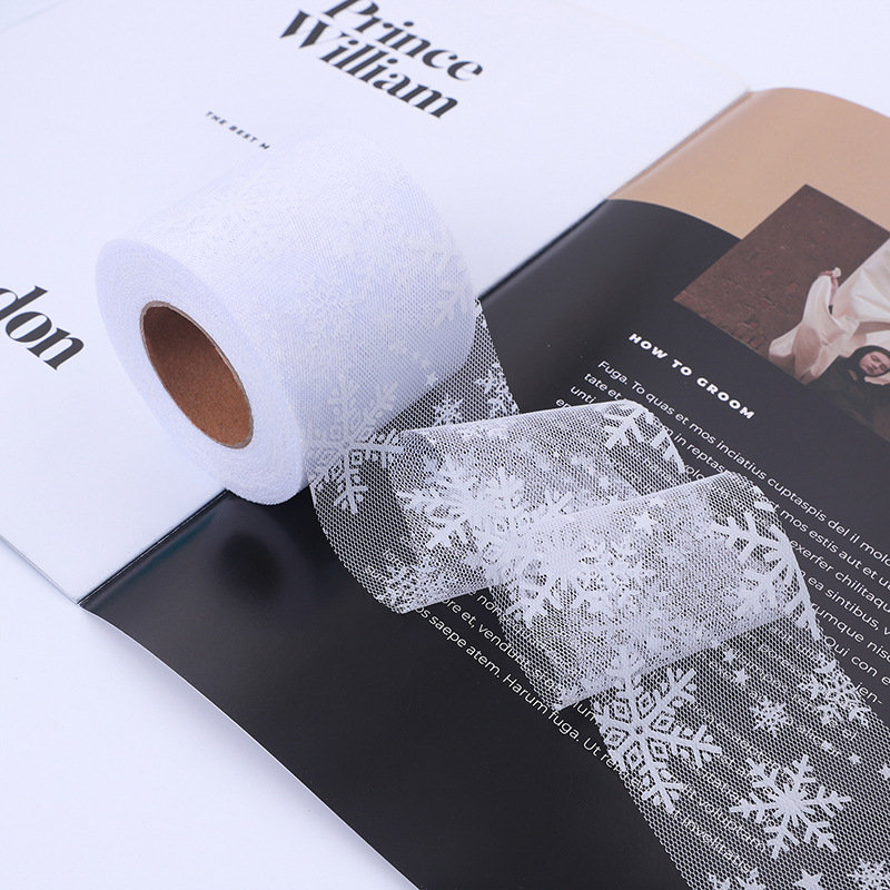 6/8/10/12CM*25YARDS High quality offset printing large snowflake hexagonal base fabric tulle roll, DIY handmade bow headdress material ribbon HX318