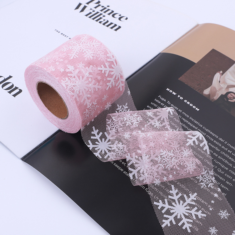 6/8/10/12CM*25YARDS High quality offset printing large snowflake hexagonal base fabric tulle roll, DIY handmade bow headdress material ribbon HX318