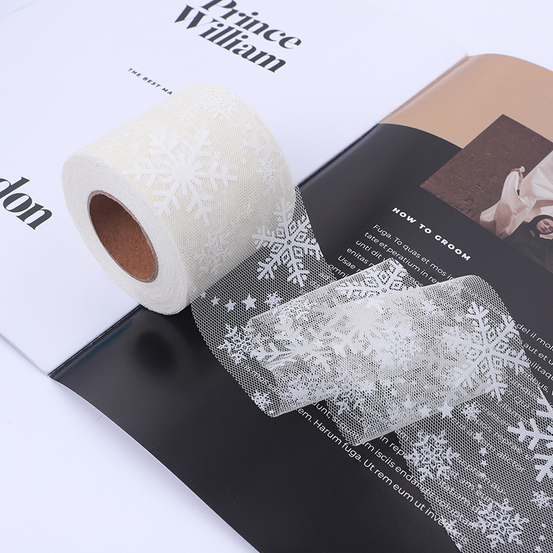 6/8/10/12CM*25YARDS High quality offset printing large snowflake hexagonal base fabric tulle roll, DIY handmade bow headdress material ribbon HX318