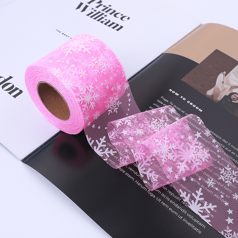6/8/10/12CM*25YARDS High quality offset printing large snowflake hexagonal base fabric tulle roll, DIY handmade bow headdress material ribbon HX318